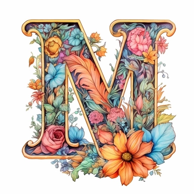 Pastel Vintage Flower Alphabet  M  Watercolor and ink Clipart, Cartoon, anime, hyper-realistic, high contrast, intricate detail, illustration style, high solution on the white background, M M M M M M M M M