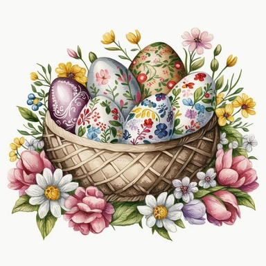 funny drawn sketch easter eggs with romanian traditional pattern in a a basket with flowers on white background, artistic painting, easter spring scene, add some spring leaves, add some flowers, add some rabbits and butterflies, pink sgades, watercolor, clipart, 2d, sketch style, no text
