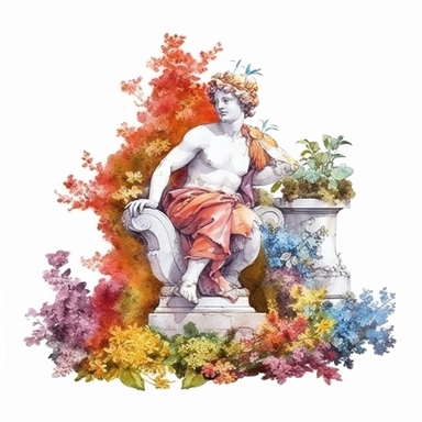 clipart, isolated on white background, Watercolor Spring beautiful ornated garden plaster statue, colorful flowers and grass and plants and branches and tree, ornated, vivid and vibrant and saturated colors
