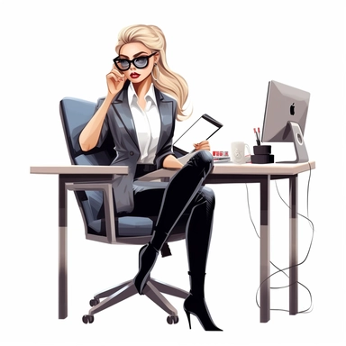 lady boss wearing fashionable bold clothes, sitting at the desk and working on the computer, realistic illustration, clipart, isolated on white background, 4K