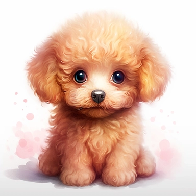 a semi realistic toy poodle puppy with ultra detailed big eyes in watercolor, in the style of pastels, nightcore, yup'ik art, high resolution, realistic oil paintings, cartoonish innocence, uhd image - an illustration of a watercolor drawing on the ground, in the style of light pink and amber, shiny eyes, miniaturecore, sketchfab, charming character illustrations, oil paintings, lightbox - painting with puppy eyes, watercolor illustration, cute cartoonish designs, magali villeneuve, uhd image, s