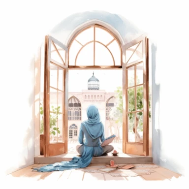 back view of a beautiful Hijabi girl wearing a baby blue hijab, reading a book that covers her face while is sitting in her moroccan house and a window is open, no face is showing, watercolor digital clipart illustration, very detailed,