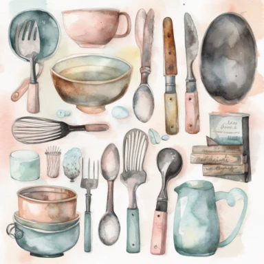 Create a watercolor clipart set of kitchen utensils and tools, including knives, spatulas, ladles, and measuring cups. Use pastel colors and subtle shading to give the images a soft, elegant look, white background