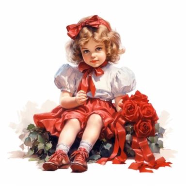 adorable little vintage royal girl sitting on a bunch of big ruby red roses and ribbons, laces, face looking straight, full body, oil clipart style, accurate details, oil painting technique, super high quality, professional watercolor clipart, high resolution, 8k