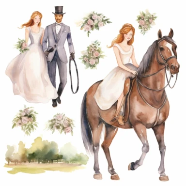 Very cute wedding illustrations clipart set, newlyweds riding a horse, on a white background separate elements with a margin, watercolors, husband and wife on their wedding day riding a horse together, love