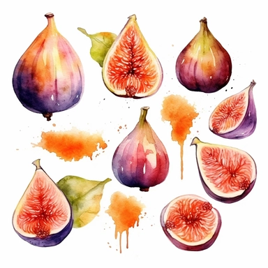 Watercolor clipart of Figs in the style of ethereal watercolor washes, intuitive ink washes, multi-layered, orange, lith printing, havencore, texture-based, spatter, isolated on white background