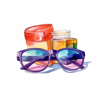 watercolor colorful clipart of a sunglasses and sunscreen, hd, on white background