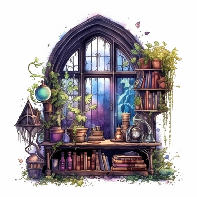 Magical style wizard's magic attic corner with watercolor effect, suitable for digital clipart, full of old magic tools, cabinet full of magical plants, magic glass globe, a gothic style window with night landscape, white background, magical scene, fairy dark colours, green, blue, purple, gothic details
