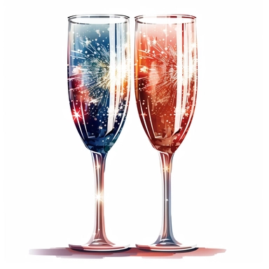 Fireworks Reflections on Glasses: Create clipart featuring fireworks reflections on a pair of glasses, such as sunglasses or champagne flutes. Use transparent and reflective effects to capture the unique and festive ambiance. patriotic pattern, stars and stripes, red white and blue, delicate detail, watercolor, in the style of artgerm, 2d game art, quadratura, clipart, on white background,