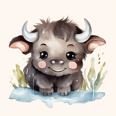 watercolour Happy Baby Buffalo Cartoon Clipart, Cute, no text