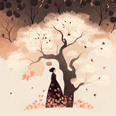 in the style of Ryo Takemasa, xuan loc xuan, Lisa Audit, Anastasia Suvorova, Jon Klassen, greg tocchini, single lady under sakura tree at night, fantasy, limpid, magical, mysterious, white background, vector, clipart, elaborate, ultra-detailed, best quality illustration, vibrant colors, high definition, UHD