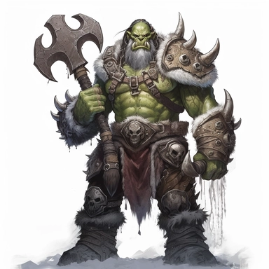 beautiful painted Thrall from World of Warcraft, war chief, full body , holding his orgrim doomhammer, paint art style, detail, clipart, white background, superrealistic, one of a kind