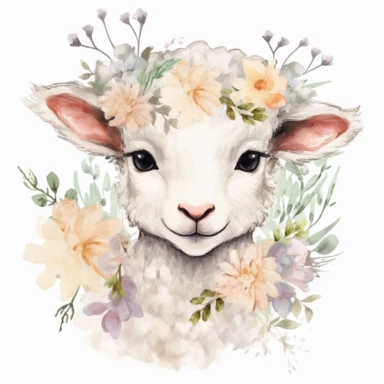 floral cute lamb clipart, original hand drawing, watercolor, understated and flawless for t shirt and cup printing, happy cute smily, transparent background, realistic painting, portrait without writing , style of the artwork, mood of the artwork, vector, contour , white background, 8K quality, ultra detailed , without signature and without meaningless lines, clipart, white background, High Quality, no writting background, no writting, ultra detailed, no symbol, without logo and emblem