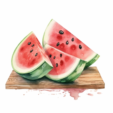 watercolour pink watermelon slices on chopping board, clipart, white background