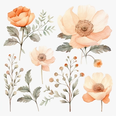 Watercolour clipart of a light peach color, burnet rose blossom theme, vintage effect, high quality, soft and muted colours, bright white background, 8k, f1
