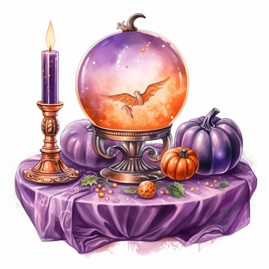 hand drawn glowing crystal ball sitting on a table with crystals, tarot cards, a wand, candles and a pumpkin, Halloween, purple and orange shades,fantasy, glamorous, , clipart style, detailed and realistic, watercolor, white background with margins