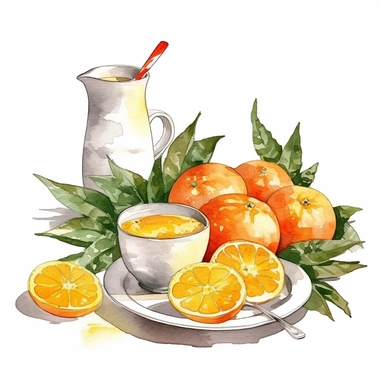 high quality watercolor clipart of a fresh delicious Orange breakfast with oranges, white background, seperated, vector design, hd