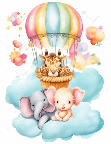 baby unicorn float with happy cute elephant and giraffe clipart, in the style of realistic watercolor paintings, atmospheric clouds, tangled nests, uhd image, depictions of animals, high-angle, soft color blending