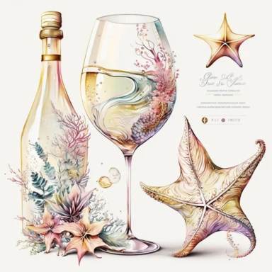 Boho nautical style, wedding champagne glasse, seastar, seashell, fantasy, white background, watercolor, hyperrealism, high detail, separate elements, set, clipart
