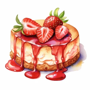 This highly detailed watercolor clipart features a mouthwatering strawberry cheesecake on a white background. The artwork showcases a graham cracker crust, creamy cream cheese filling, and plump strawberries with vivid colors and intricate details. A drizzle of strawberry sauce adds a touch of elegance. Perfect for menus, recipe books, and food blogs, this clipart captures the essence of this delectable dessert, leaving viewers craving a bite.