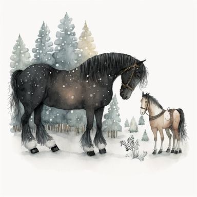 dark academia, horses, snow, fairytale, Christmas, swedish folk art, watercolor, white background, clipart