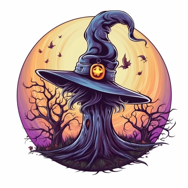 A spooky witch hat with a wide brim, tall with a curved point. The hat is adorned with a colorful band and a decorative buckle, giving it a touch of charm. Full moon above and behind the tree. White background, vector, cartoon clipart, contour.
