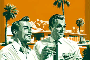 letraset clipart of 2 handsome 40 year old men drinking martinis in palm springs, 1960's, happy, laughing, palm trees, mid century building, pool