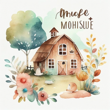 watercolor illustration, country, farm house clipart, cute, happy, adorable, high quality, for children, soft brush texture, soft colors