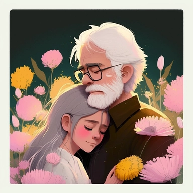 Dreamlike hyper realistic illustration of a couple in love embracing. The man is older and has black hair. The girl is 16 years old and has white hair. In a field of pink and yellow flowers. Flat colors, simple lines, gorgeous lighting, graphic novel style, 2d painting, ink painting style, digital art, childrens character design, happy mood, pixar style cartoon, line work, minimalist, watercolor, 8k, PNG, clipart on white background, sticker style, studio ghibli vibe, studio ghibli style