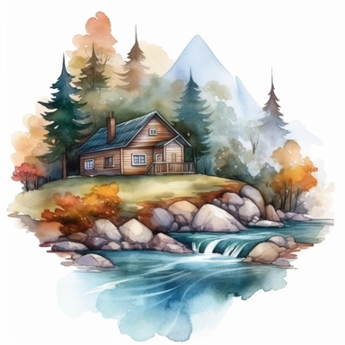 Watercolor Mountain far away, Forest House Near Creek Clipart