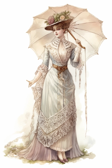 Design a clipart featuring a Victorian lady holding a parasol, dressed in a flowing gown and accompanied by intricate lace details. Use soft watercolor hues to bring out the elegance of the era, hyper realistic, white background, lush,