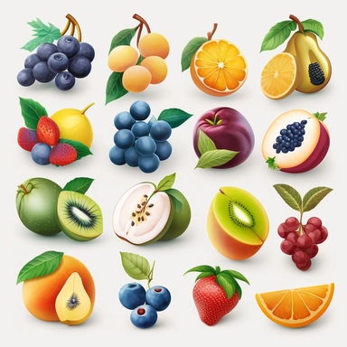 beautiful, 10 fruit stickers collection, clipart design, cartoon, 4k, white background, photo realism