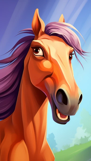 funny horse cartoon clipart, in the style of brushstroke-intensive portraits, airbrush art, #vfxfriday, distinctive noses, violet and orange, uncommon perspectives