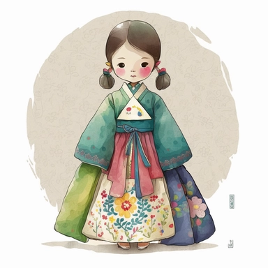 a cute little girl is wearing Korea traditional dress Hanbok. watercolor clipart, the skirt layers are designed to create a full and flowing silhouette, rainbow color jacket, The jacket worn by women in the royal family has long sleeves that are wide and 