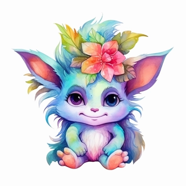 Watercolor adorable cute Troll clipart on a white background in the style of chibi feminine sticker art, Tanya Shatseva, storybook illustration, mysterious and unique tones, Georgia O'Keeffe, colored line art, colored outlines, cottagecore design, watercolor on white background, ombre, warm tones, colored line art, colored outlines, iridescent ombre, gradient shading, pixar style troll, vibrant digital art oil paint photorealism, an illustration of a colored flower, meticulous sketches, Magali V