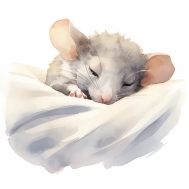 clipart vector image with plain white background of a watercolor painting of a grey mouse laying down curled up sleeping in a tiny bed. extremely detailed.