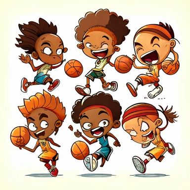 Create a picture of multiple cartoon basketball players showing off their skills on the court, The players should be diverse in terms of their appearance, including skin color, hair style, and body type, clipart images, The image should be colorful and playful, with a white background, clip art, The 3rd render should showcase the excitement and energy of the scene