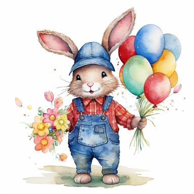 A lovable bunny wearing a cute hat and dungarees, holding baloons, ornamental watercolor clipart