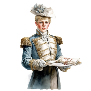 A footman in livery, holding a silver tray with a handwritten note from the Queen, Clipart, watercolor, white background, intricate detail