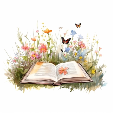 a magical old open book, beautiful watercolor flowers, greenery, grass and little butterflies between de booksides, like a brush painting, highly detailed clipart, white background