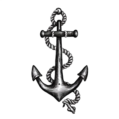simple black and white clipart picture of an anchor with a long rope