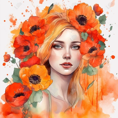 watercolor A woman's face, full body, Poppies - Poppies are bright red or orange flowers with delicate, papery petals. They are often associated with fields of wildflowers and warm summer days. with flowers and leaves adorning her hair. hair up with flowers vividly bold designs png Full body realistic cartoon in 32K UHD cute. 15 cm thick outline. Black color. There was no shadow on the ground. 8k with realistic watercolors. and detailed illustrations. PNG clipart, transparent white background