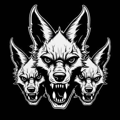 the image of a white evil dog from hell with 3 heads on black is shown, in the style of stencil art, heavy outlines, flickr, hard edge, sculpted, woodcut, clipart cut file cuttable cricut vector