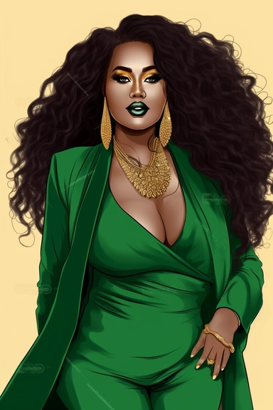 Cartoon Black Skin African American Clipart Plus size Beautiful Rich Woman Wearing green suit wearing gold jewelry having beautiful face long eyelashes and beautiful lips beautiful long hair confident confident wearing high heels