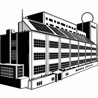 a simple clipart of a factory producing solar panels, black and white, on a white background