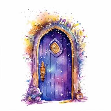 cartoon fairy door, glowing lights and sparkles, purple gold and blue, glamorous realistic and detailed, watercolor, white background with margins, clipart style
