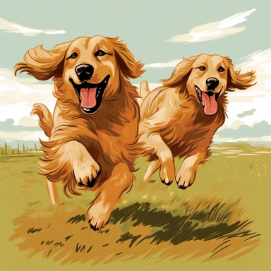 Golden Retriever two dog clipart, running away, running