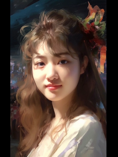the girl is beatiful, best quality, 8K, bright, front lighting, face shot, fine luster, very deitaled, realistic, figurative painter, Deco art, Oil painting on canvas, beautiful painting by Daniel F Gerhartz, The girl has a bright smile on her face. She is wearing a blue shirt with a cute bowtie on it. She has a pretty hair clip on her head