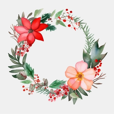 Christmas circle flower Christmas watercolor composition with twigs on a white background. wreath, frame, and border. Greeting card, poster, or banner with space for text CUTE STICKER Frealistic cartoon in 32K UHD cute. 15 cm thick outline. Black color. There was no shadow on the ground. 8K with realistic watercolors and detailed illustrations. PNG clipart, transparent white background