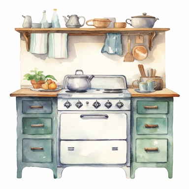 watercolor clipart, small vintage country kitchen unit in decent light colors, white background, view from front, high quality, highly detailed, sharpness